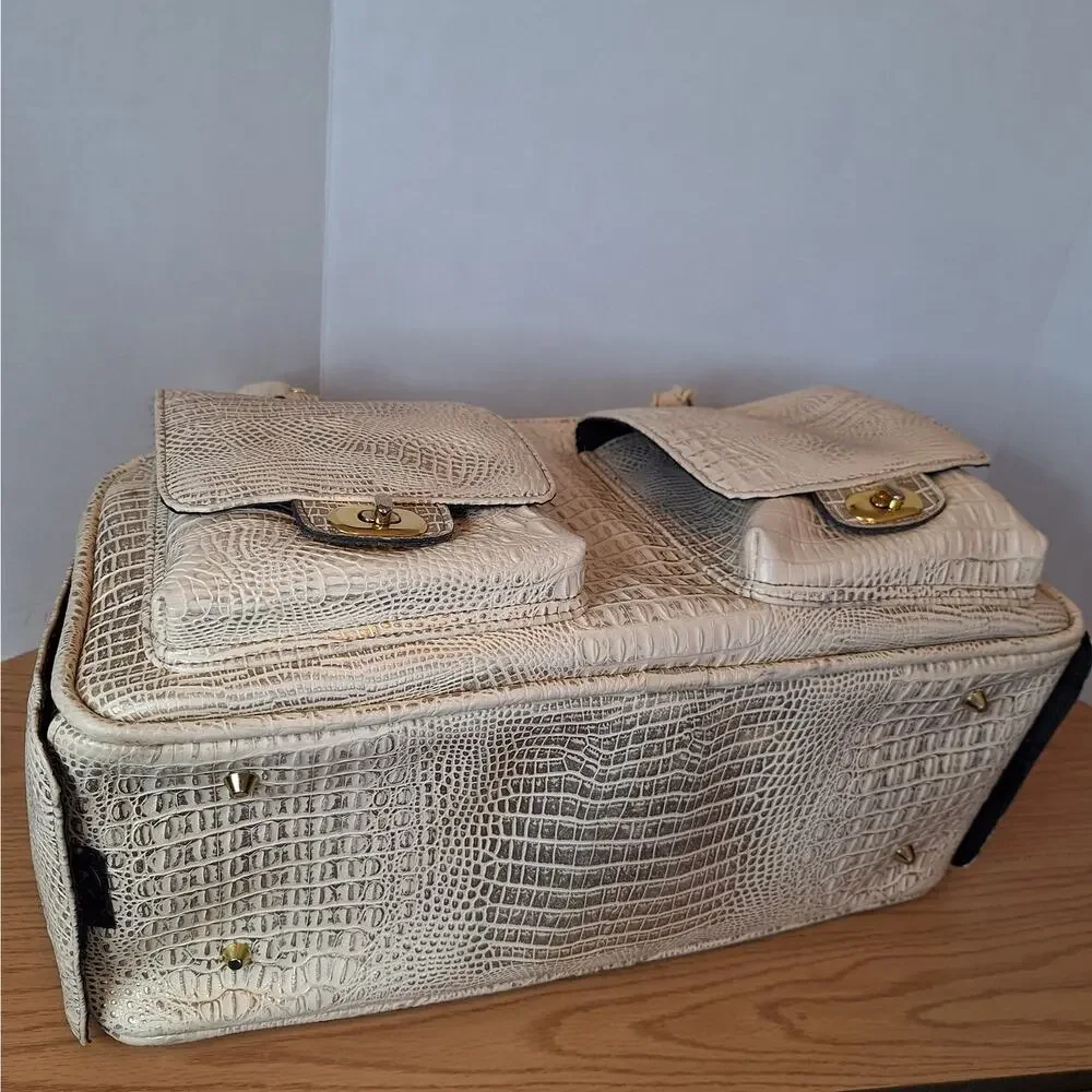 VTG Cream Croc Embossed Pet Carrier Tote Bag Small Dog Cat Mesh Windows Pockets